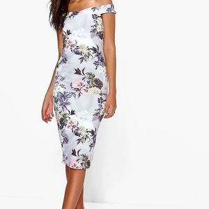 Boohoo | Tall Bardot Floral Print Midi Dress Sz 4